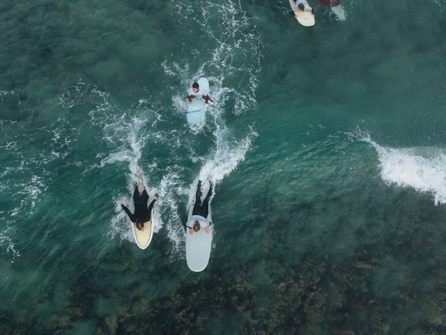Surfers paddling out, seen from the air