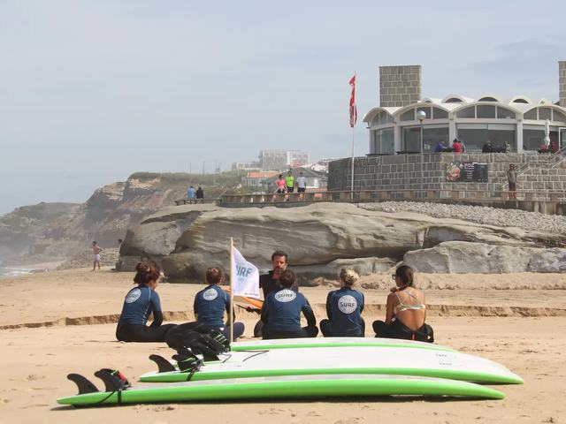 The group sitting on the sand at Areia Branca with the boards lined up